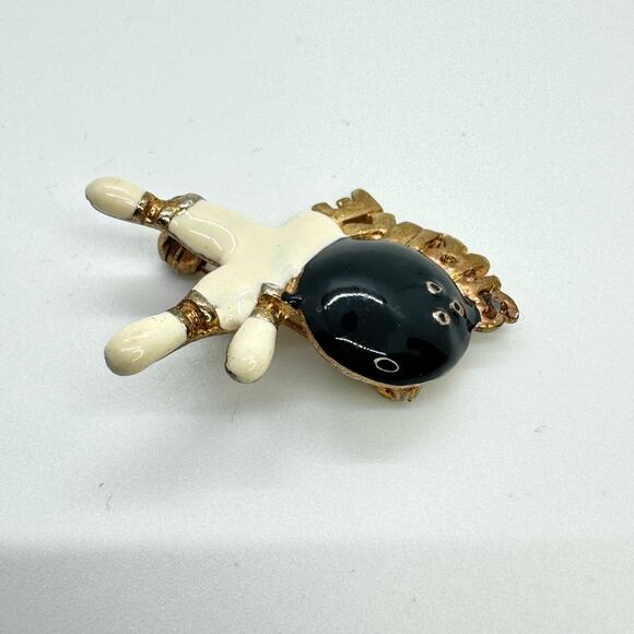 Vintage Bowling Strike Enamel and Metal Brooch Lapel Pin White Black Gold Tone - Picture 3 of 5